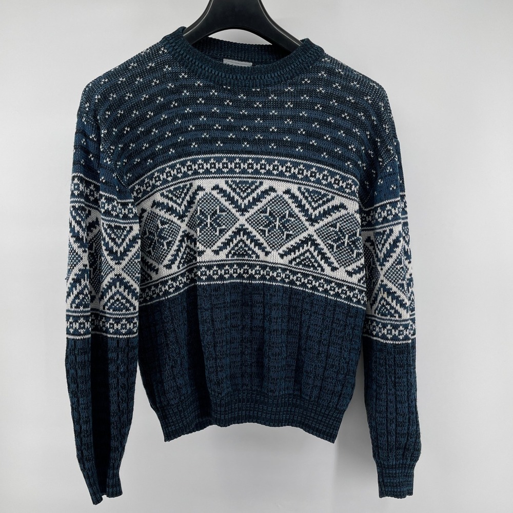 Rob Winter Fair Isle Sweater Mens Medium‎ Blue White Geometric Pattern Knit